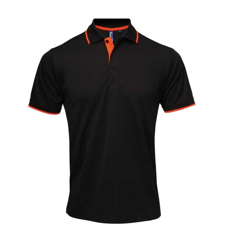 Premier Mens Contrast Coolchecker Polo Shirt / Black/Orange